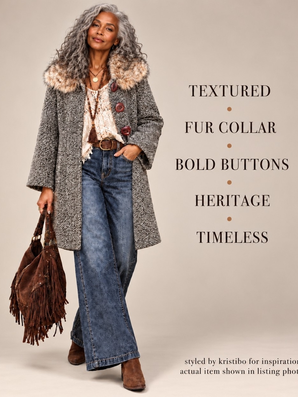Tweed Faux Fur Collar Coat